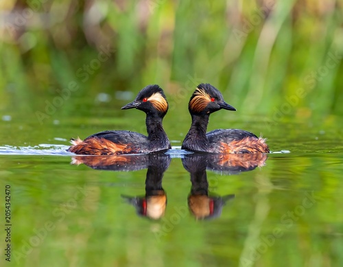 Two small, dark birds with red eyes and orange accents float close together on a calm, green-tinted lake. Their reflections are visible