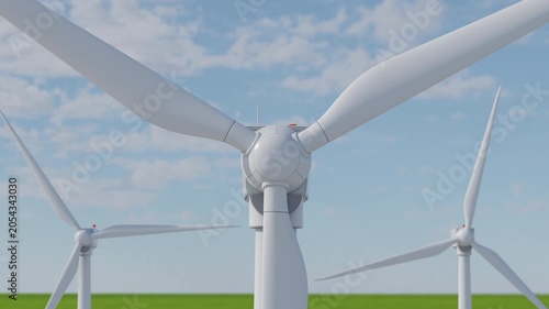 Close-up wind turbine loop animation with rotating blades under a blue sky. Ideal for renewable energy, sustainability and clean technology visuals. Part of series. 3d Animation 4k, Ultra HD 3840x2160