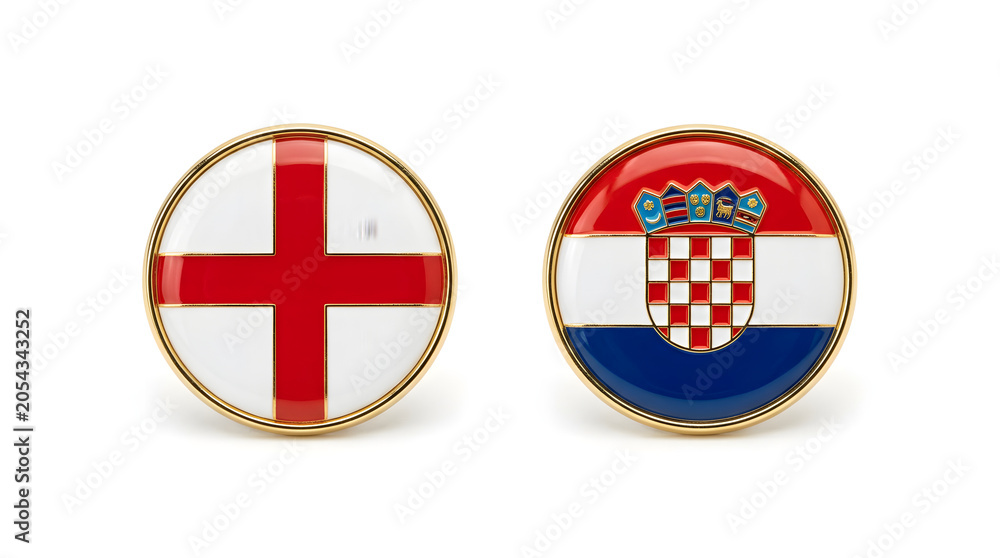 Fototapeta premium Pair of elegant circular cufflinks displaying official flags of England and Croatia set.