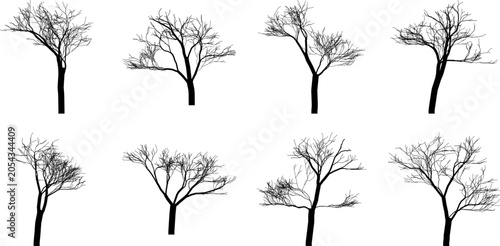 Collection of 8 black silhouettes of bare trees without leaves. Detailed leafless branch set isolated on white background for winter, autumn, or spooky design concepts.