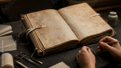 Hands repairing an aged open manuscript with conservation tools on a dark worktable, showing archival book restoration and preservation.