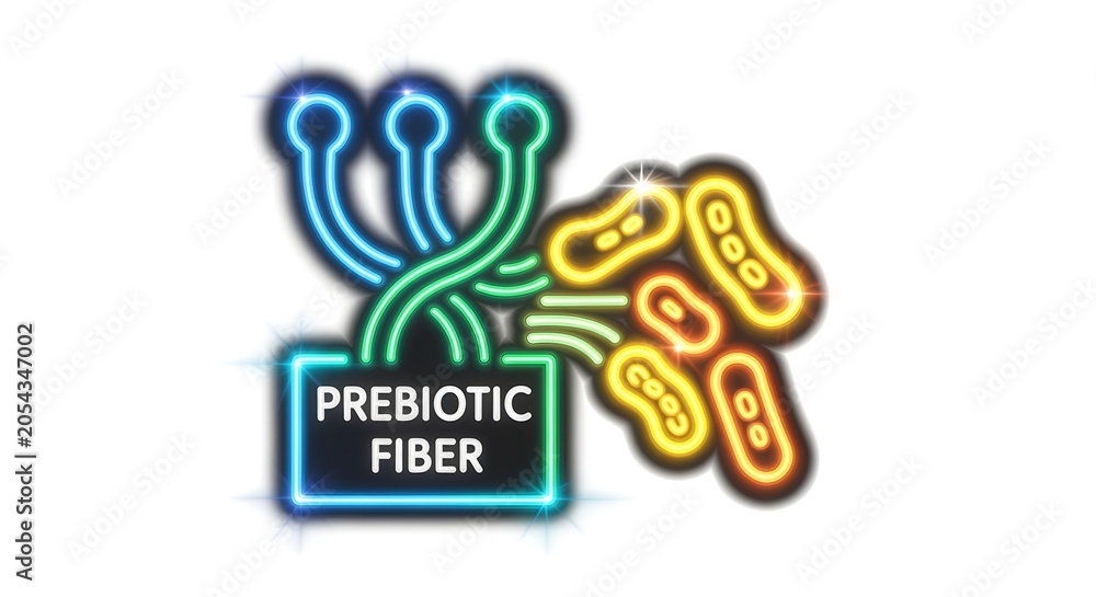 Fototapeta premium A clearer, modern reinterpretation of neon prebiotic fiber icon with glowing pathways feeding bright probiotic bacteria symbols, holographic cyber glow, isolated on white background, no shadows