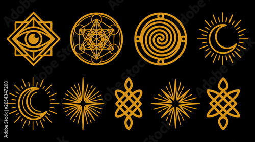 Fotografi Golden esoteric vector graphic set featuring mystical symbols like sacred geomet
