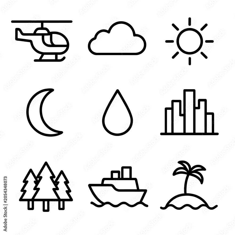 Fototapeta premium Minimalist icons: weather, nature, transport, and urban elements