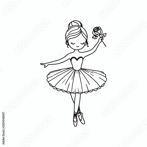 An illustration of a simple, elegant ballerina dancing, centered, and holding a rose in a coloring book
