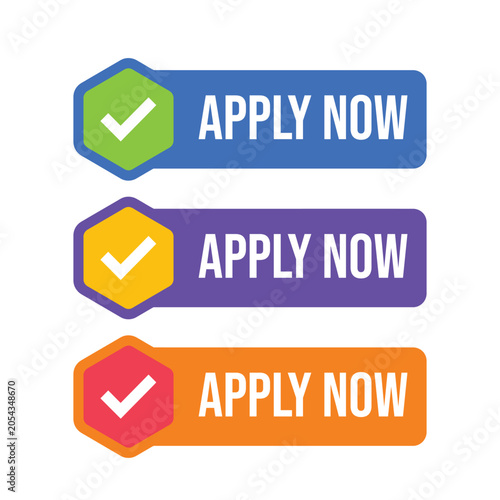 Vibrant Hexagonal Apply Now Buttons with Checkmark Icons in Green, Yellow, Red - Colorful Design