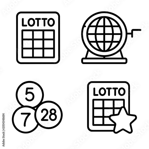 Lottery icons set: ticket, bingo cage, number balls, winning star