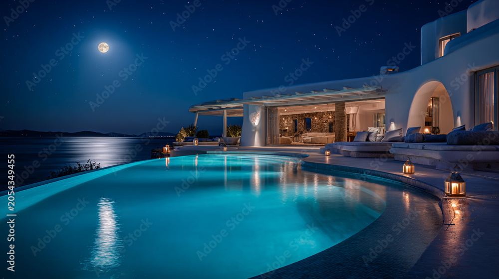 Fototapeta premium Luxury villa with infinity pool overlooking the sea under a full moon night sky