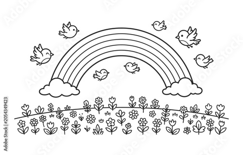Rainbow coloring page with cute birds and flower meadow in cartoon line art style.