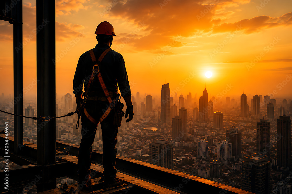 Fototapeta premium Construction Worker Silhouette Standing on Building Frame Overlooking Cityscape at Sunset