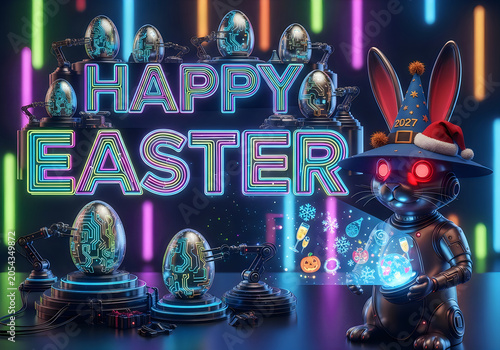 A futuristic Easter bunny robot holds glowing eggs in a neon-lit environment with colorful lights and Easter eggs on display.