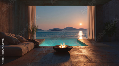 Luxury villa terrace with infinity pool and fire pit at sunset by the sea