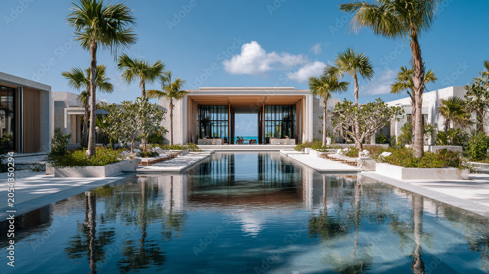 Fototapeta premium Luxury tropical resort with a modern infinity pool and palm trees under a blue sky