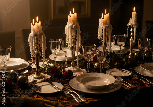 A beautifully set dinner table with candles and flowers in a cozy indoor evening setting with wine glasses and plates