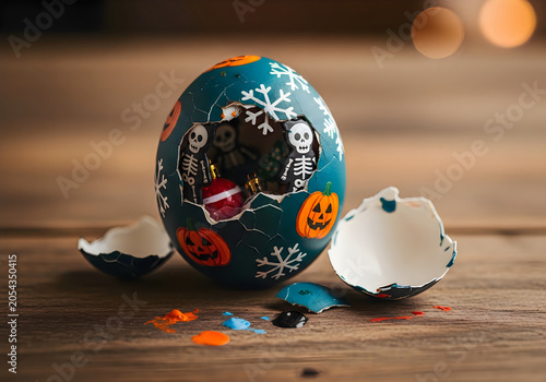 Halloween decorations with skeletons and jack-o-lanterns on a wooden table indoors.