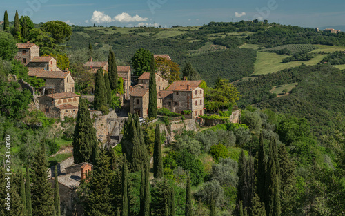 Medieval Tuscan Village in Val d'Orcia with Cypress Trees and Rolling Hills, Italy