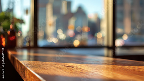A wooden table in focus with a blurred city skyline and bokeh lights outside a window, creating a serene urban atmosphere.