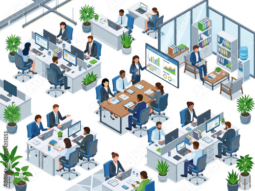 Business people working in isometric office layout using CAD technology for project management and team collaboration tasks