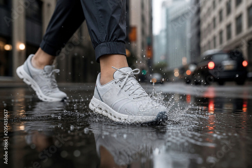Athletic shoes splashing in urban puddle on rainy day.