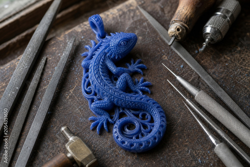 Blue Wax Lizard Pendant Model with Tools