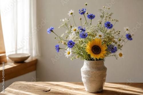 Rustic Summer Bouquet with Sunflower and Cornflowers
