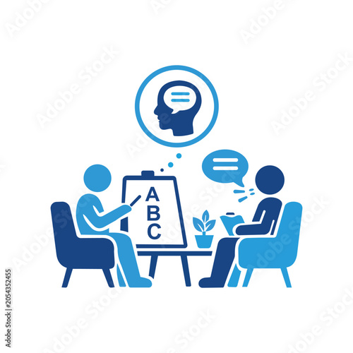Speech therapy session illustration flat vector graphic with blue and white tones