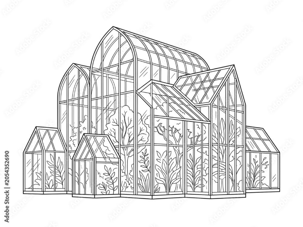 Fototapeta premium CAD technical drawing of a vintage botanical glass greenhouse conservatory with exotic plants for architectural and garden landscape design