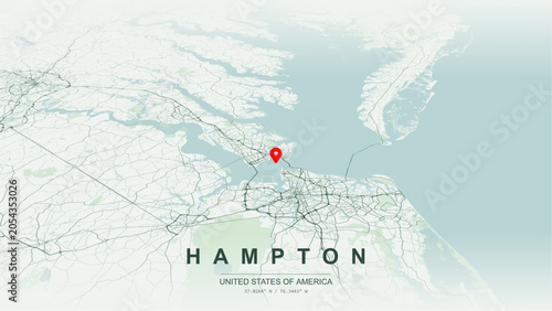 Modern minimalist vector map of Hampton, Virginia, USA. High-quality scalable illustration of Hampton city grid, Interstate 64, and Hampton Roads regional transit networks for posters design. 