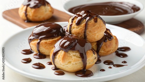 Delicious profiteroles drizzled with rich chocolate sauce served on a white plate at a cozy dessert cafe
