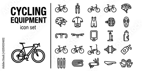 Cycling Equipment Complete Bold Line Icons-Road Bike Mountain Bike BMX Track Bike Helmet Jersey Shorts Clipless Pedal Handlebar Computer Pump-25 Cycling Equipment Icon Set Vector