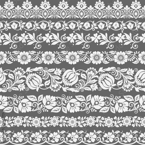 Set of floral design elements. Seamless patterns, seamless borders