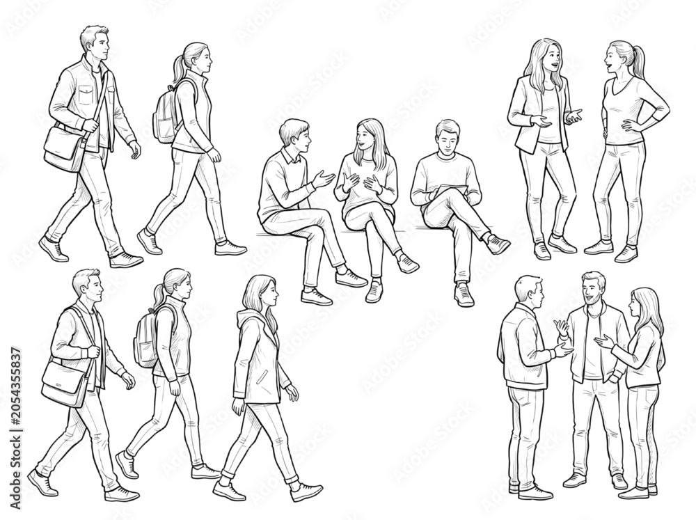 Fototapeta premium Collection of CAD line art illustrations depicting people in various poses and interactions for architectural visualization and design projects