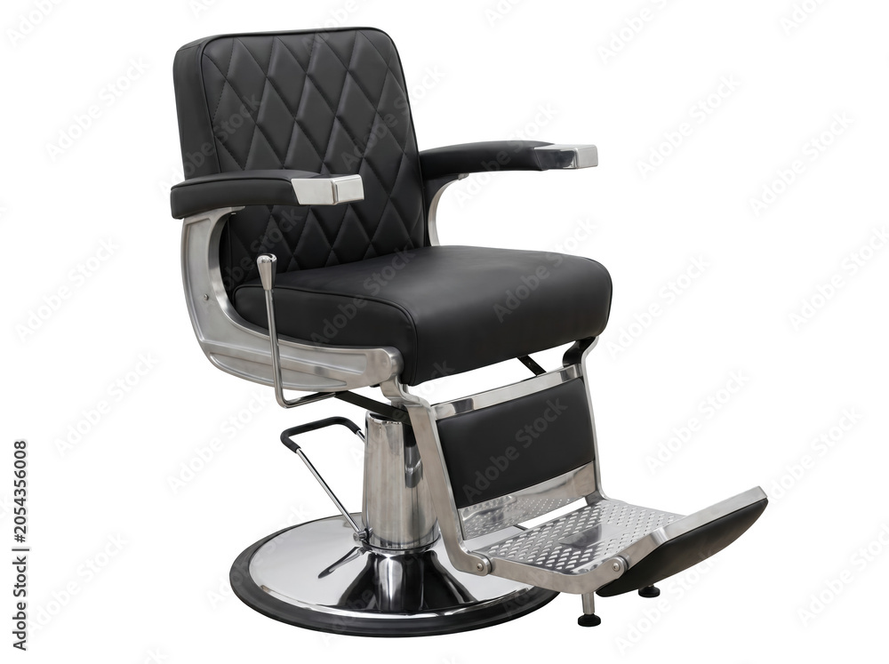 Naklejka premium Vintage Style Barber Chair with Black Diamond-Stitched Leather and Chrome Hydraulic Base, Heavy Duty Professional Salon Furniture for Barbershops