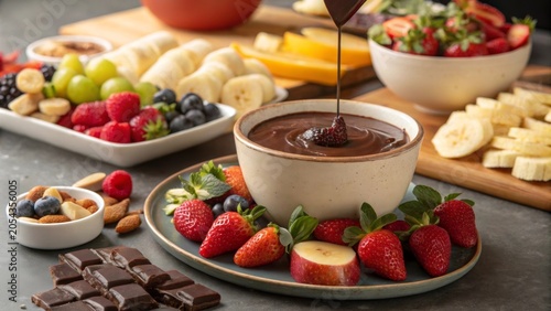 Chocolate fondue served with a variety of fresh fruits, berries, and nuts for a delightful dessert experience