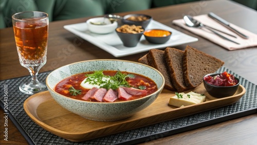 Delicious saltwort with smoked meat served alongside bread and side dishes