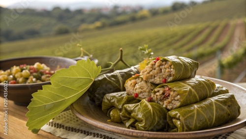 Delicious dolma made from grape vines filled with rice, meat, and spices in a scenic vineyard