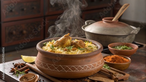 Dum handi chicken biryani steaming in an earthen pot with fresh spices and herbs ready for serving