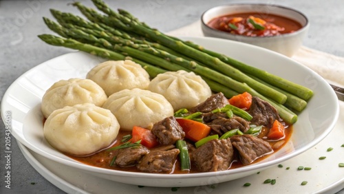 Delicious dumplings served with beef goulash and fresh green asparagus in a warm setting