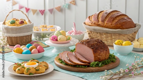 Delicious Easter feast with traditional ham, eggs, and festive bread on a spring table setting
