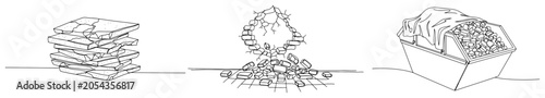 Construction waste and demolition set continuous line drawing, broken wall hole and dumpster with debris minimalist one line art vector