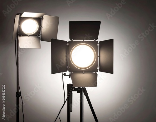 Two studio lights with adjustable flaps illuminating a gradient backdrop in a neutral color palette. The equipment is ready for production