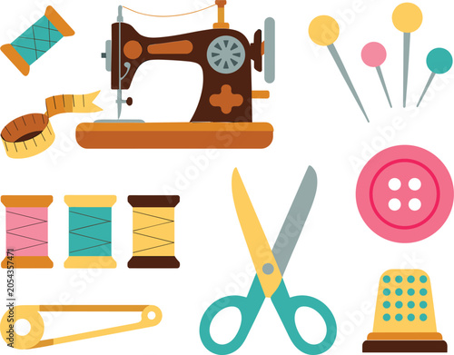 Bilde på lerret Sewing and tailoring tools collection illustration, colorful craft accessories w