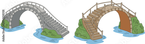 Canvastavla Arched bridge collection illustration, stone and wooden footbridges over water i