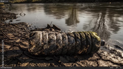 Dirty Plastic Bottle Lying on Muddy River Bank Under Natural Sunlight