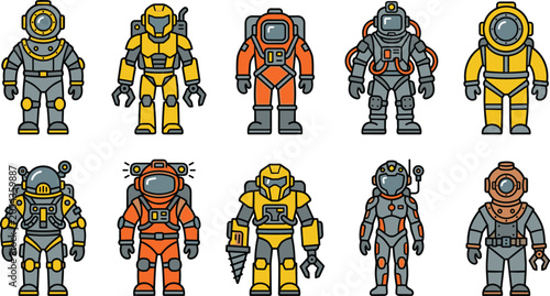 Deep Sea Diver and Atmospheric Diving Suit Icon Set with Vintage Brass Helmets Exoskeleton Mechs and Sci Fi Submersible Armor Costumes