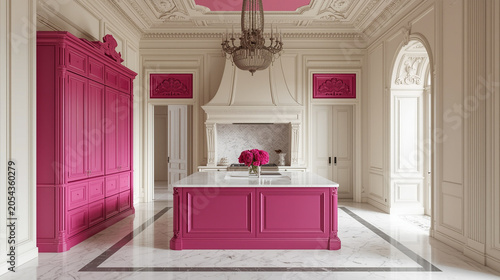A modern kitchen featuring a pink island and cabinetry