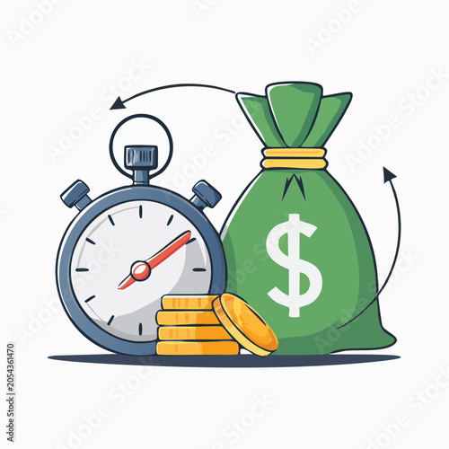 Time is Money Concept: Stopwatch, Money Bag, and Coins