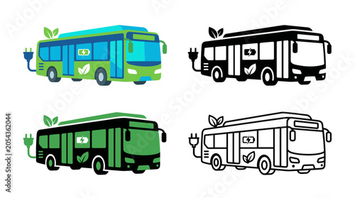 Electric Bus Icon with Bus Leaf and Sustainable Transportation Symbols in Flat, Silhouette, Outline and Glyph Design