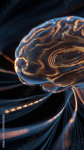 Futuristic digital brain with glowing neural pathways visualized in abstract style. Artificial intelligence and neural network technology concept for innovation and science backgrounds