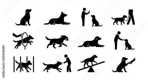 Schilderij op canvas Dog Training Icons Set, Canine Agility and Obedience Silhouettes, Pet Behavior V